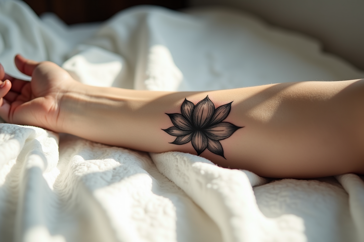Premier plan d'un poignet avec tatouage lotus noir naturel
