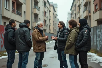 Habitants d'un quartier sensible français discutant sur une place urbaine, immeubles HLM en arrière-plan