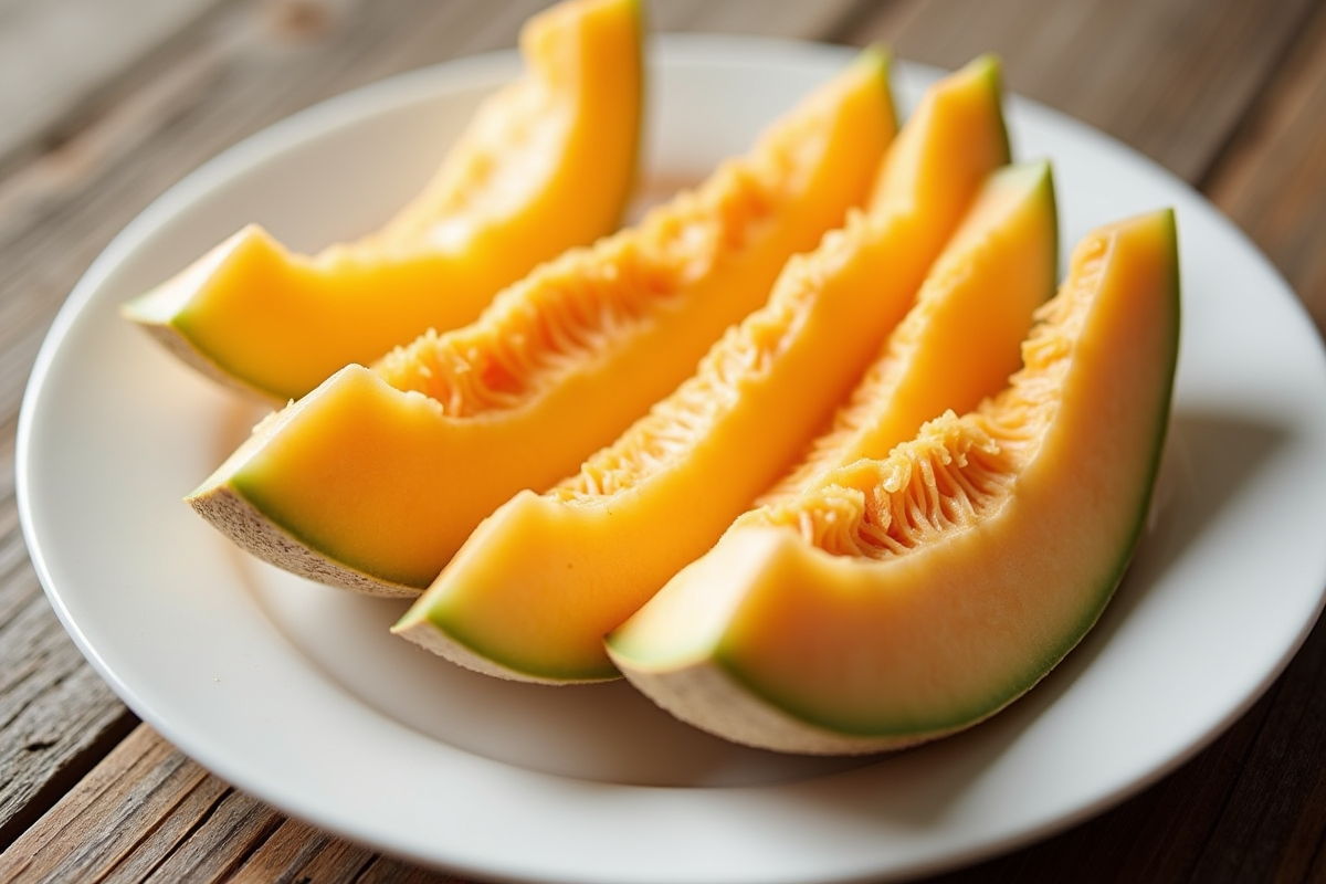 Tranches de cantaloupe sur une assiette blanche avec fond en bois