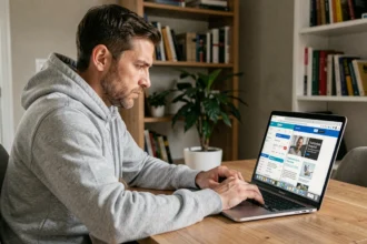 Un homme comparant plusieurs adresses de sites de streaming TV en direct sur un ordinateur portable pour éviter les faux clones