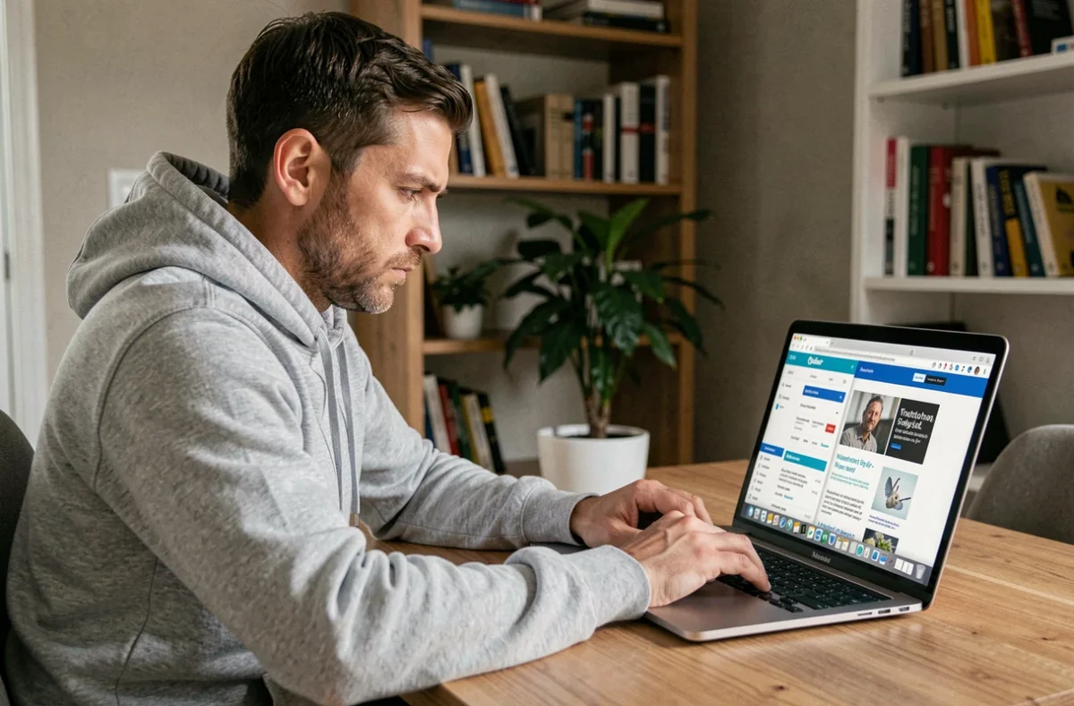 Un homme comparant plusieurs adresses de sites de streaming TV en direct sur un ordinateur portable pour éviter les faux clones