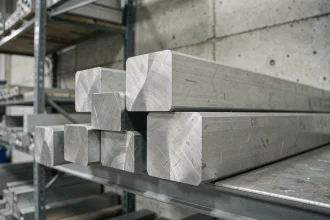 Tubes rectangulaires en aluminium empilés sur une étagère d'atelier, montrant différentes épaisseurs de paroi et textures d'alliage