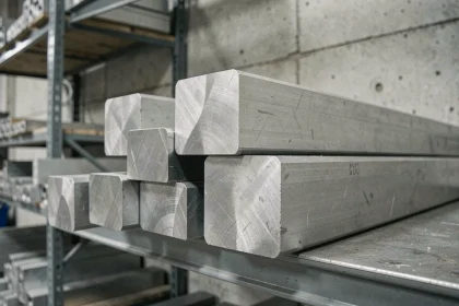Tubes rectangulaires en aluminium empilés sur une étagère d'atelier, montrant différentes épaisseurs de paroi et textures d'alliage