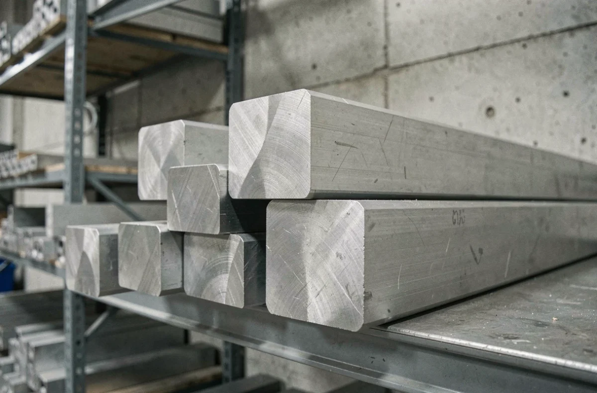 Tubes rectangulaires en aluminium empilés sur une étagère d'atelier, montrant différentes épaisseurs de paroi et textures d'alliage