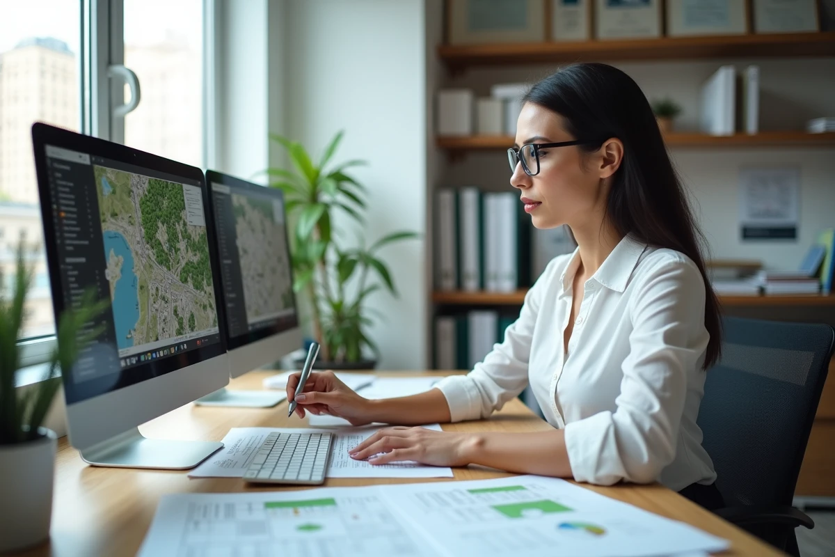 Urbaniste consultant un tableau de conversion hectares kilomètres carrés sur ordinateur dans un bureau