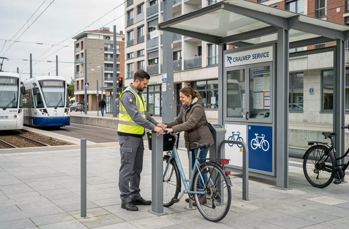Agent de Vélo Station à Créteil aidant une cycliste à attacher son vélo près d'un arrêt de tramway