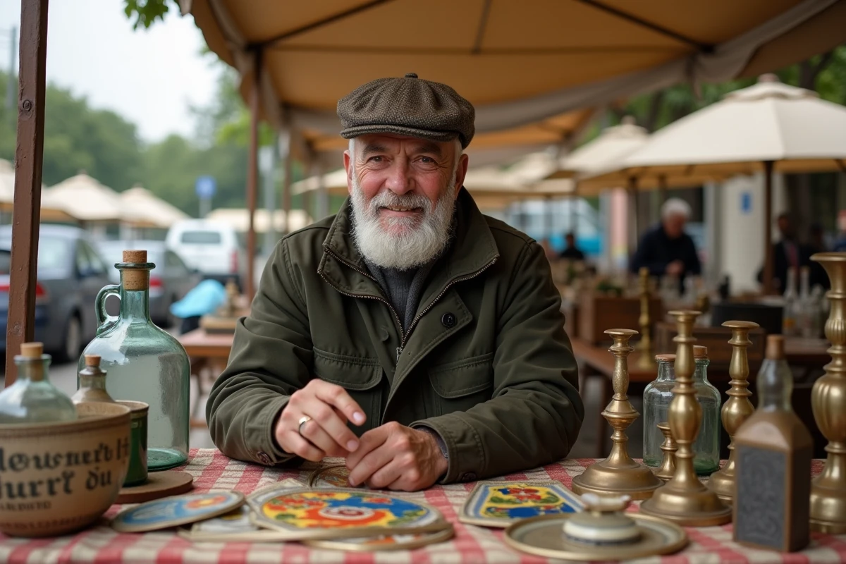 Vendeur de brocante présentant ses objets anciens sur un marché aux puces du Morbihan