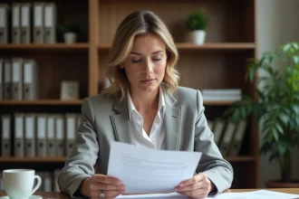 Femme consultant des documents officiels du Journal officiel des associations à son bureau pour vérifier l'existence légale d'une association