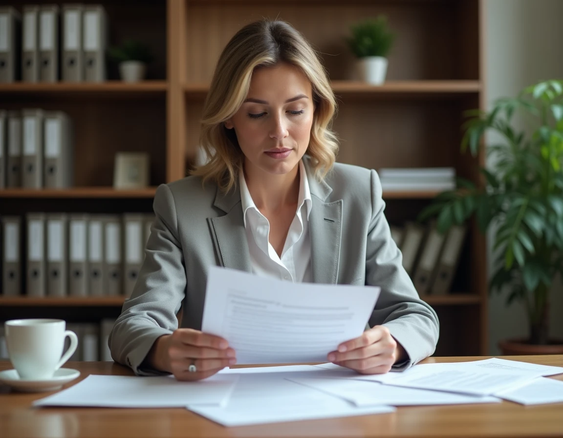 Femme consultant des documents officiels du Journal officiel des associations à son bureau pour vérifier l'existence légale d'une association