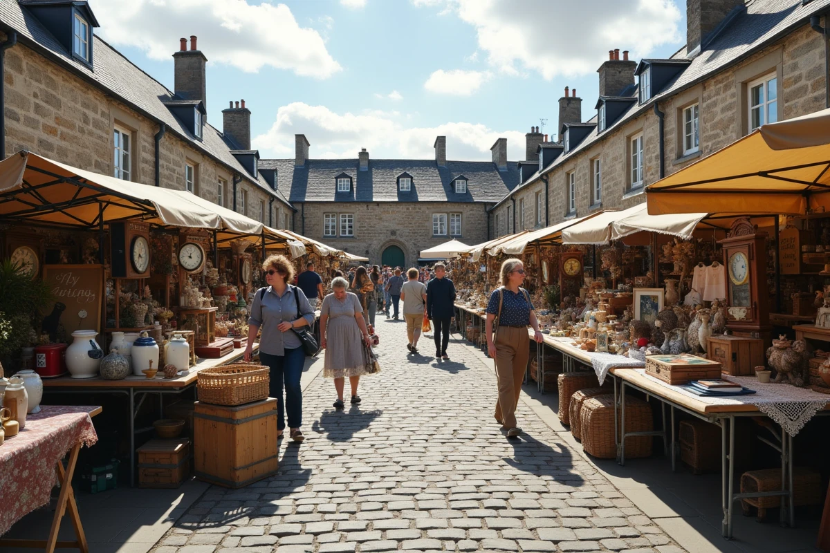 Vue panoramique d'un vide-grenier animé sur une place de village bretonne dans le 56