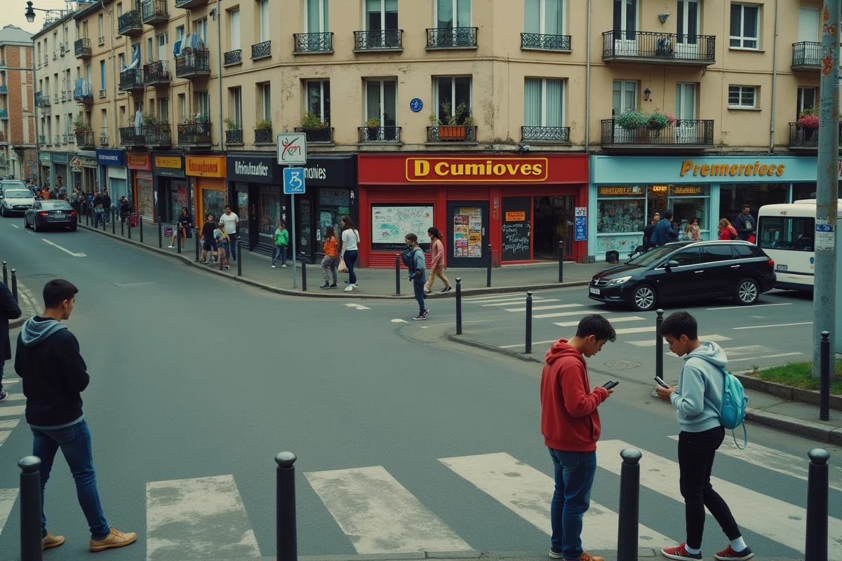 Vue de rue animée dans un quartier urbain défavorisé en France, scène de vie quotidienne