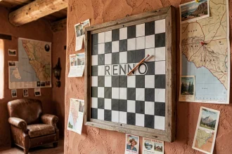 Mots croisés avec la solution RENO, ville du Nevada en 4 lettres, sur fond de cartes vintage de l'Ouest américain