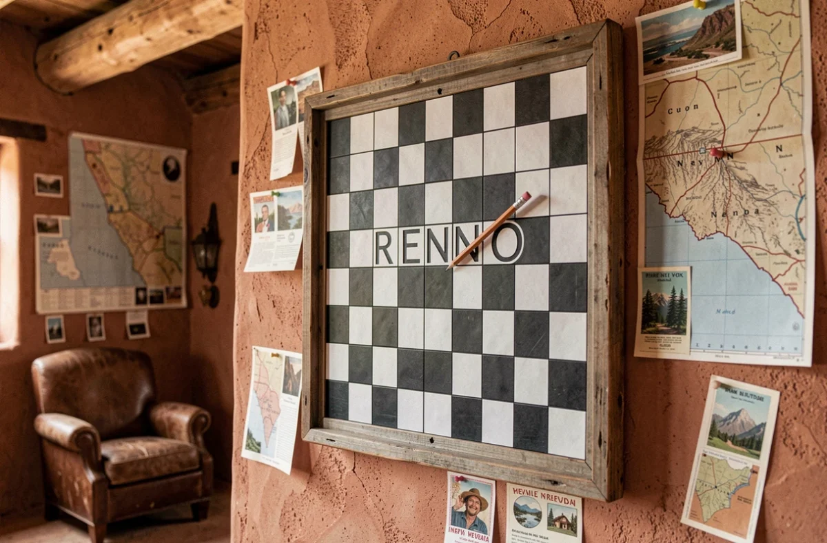Mots croisés avec la solution RENO, ville du Nevada en 4 lettres, sur fond de cartes vintage de l'Ouest américain