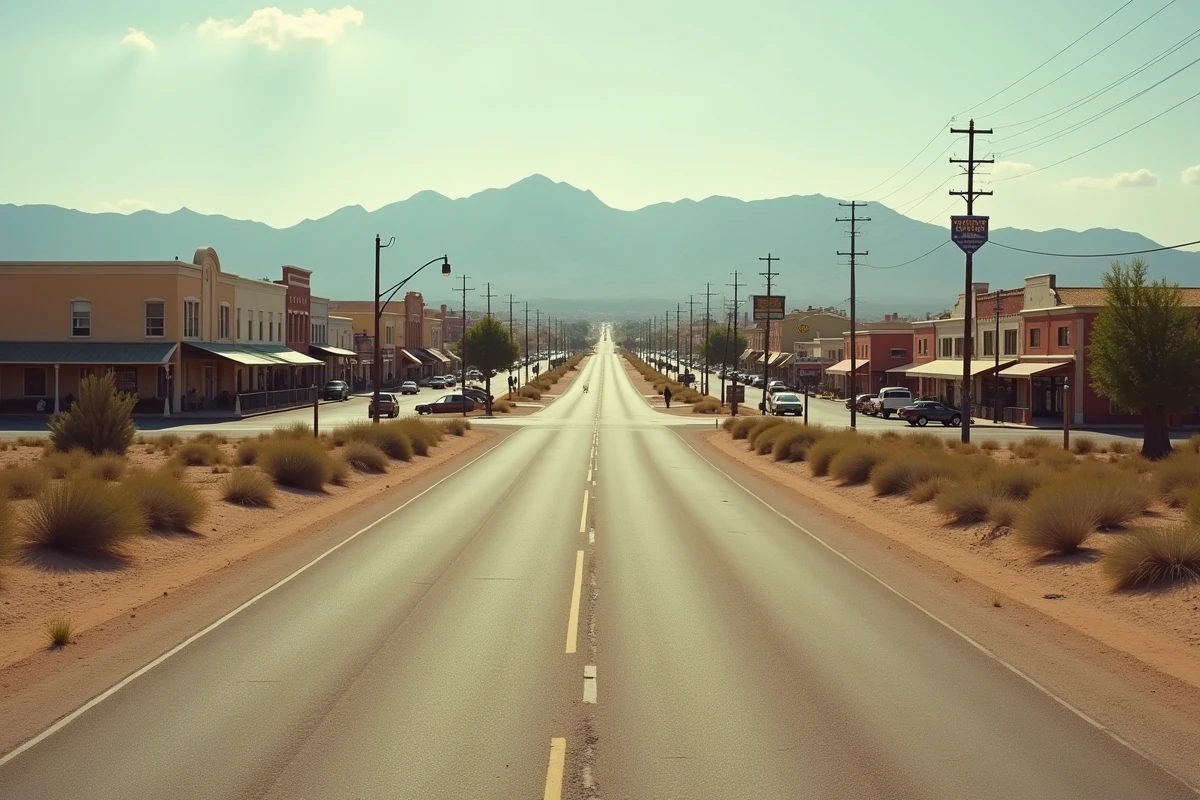 Vue panoramique d'une ville du Nevada avec son plan en grille caractéristique dans le désert, route droite menant au centre-ville entre scrubland et montagnes