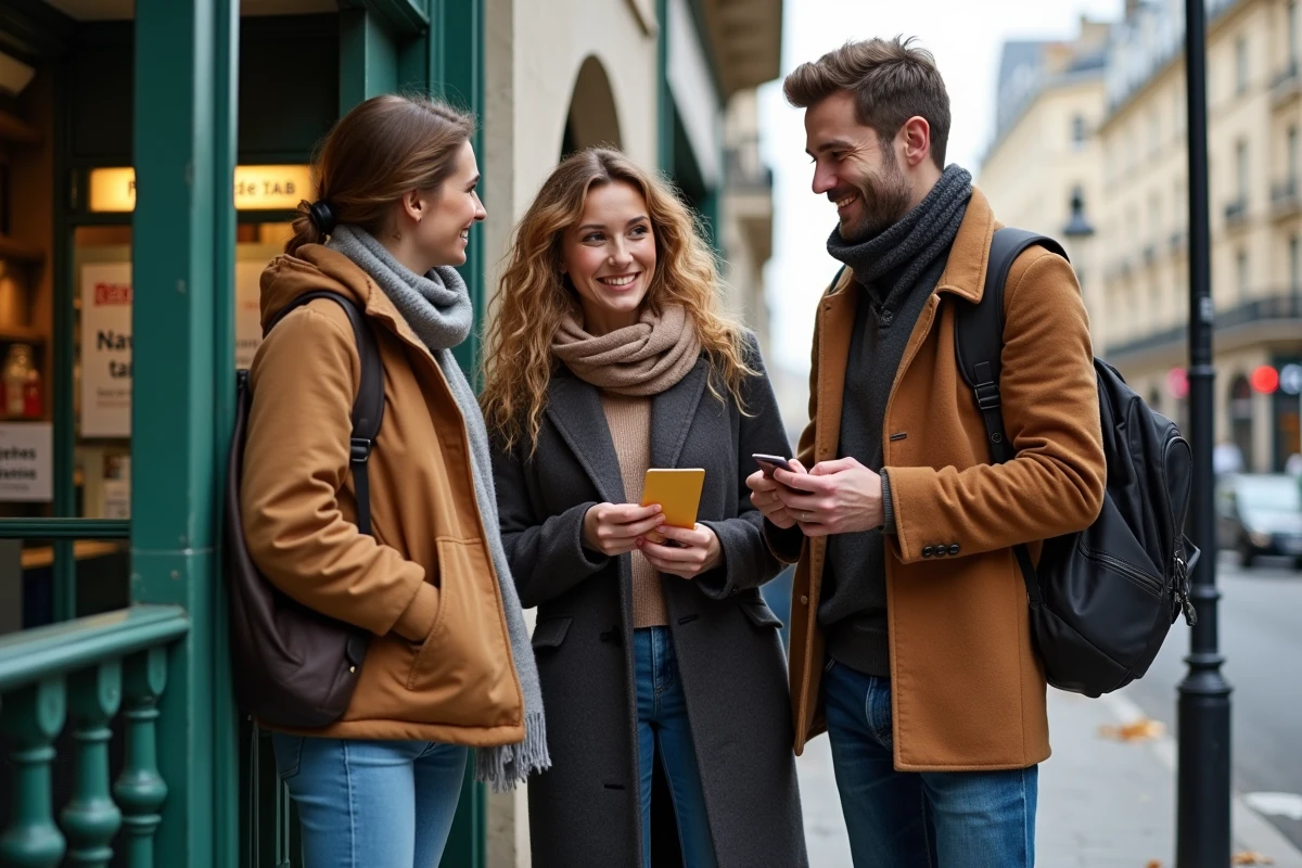 Groupe de voyageurs comparant leurs titres de transport devant un bureau de tabac près du métro à Paris