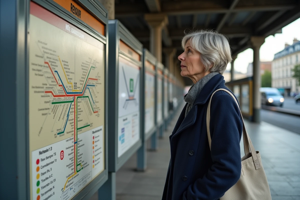Femme consultant le plan des correspondances métro ligne 13, RER et tramway à un pôle d'échanges parisien