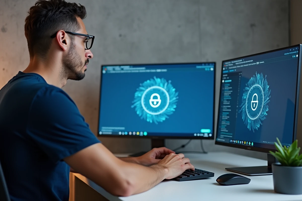 Homme utilisant une application VPN et un bloqueur de publicités sur deux écrans d'ordinateur dans un bureau moderne minimaliste