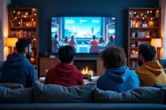Groupe d'amis réunis dans un salon pour regarder la conférence Summer Game Fest 2026 avec snacks et manettes