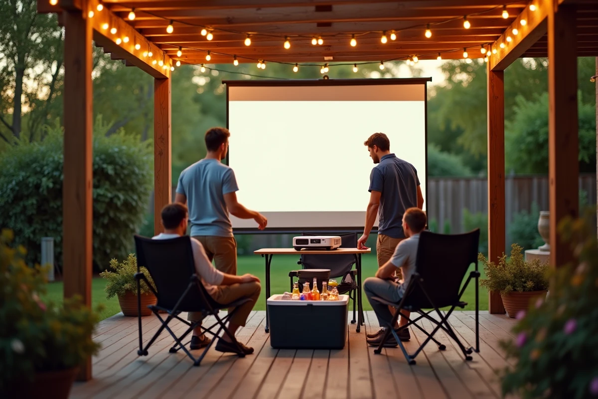 Trois amis installant un projecteur dans un jardin pour une watch party Summer Game Fest 2026 en plein air